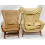 A 1950's wing back armchair, on turned legs, and a similar rocking chair. (2) The upholstery in thi
