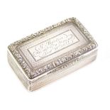 A Victorian silver snuff box, with chased decoration, scroll border and plain silver gilt interior,