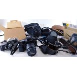 Various cameras and related items, Cobra, Petri, various others, binoculars, Coolpix 4100 box camera