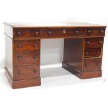 A Victorian mahogany pedestal desk, the rectangular top with a brown leather inset above an arrangem