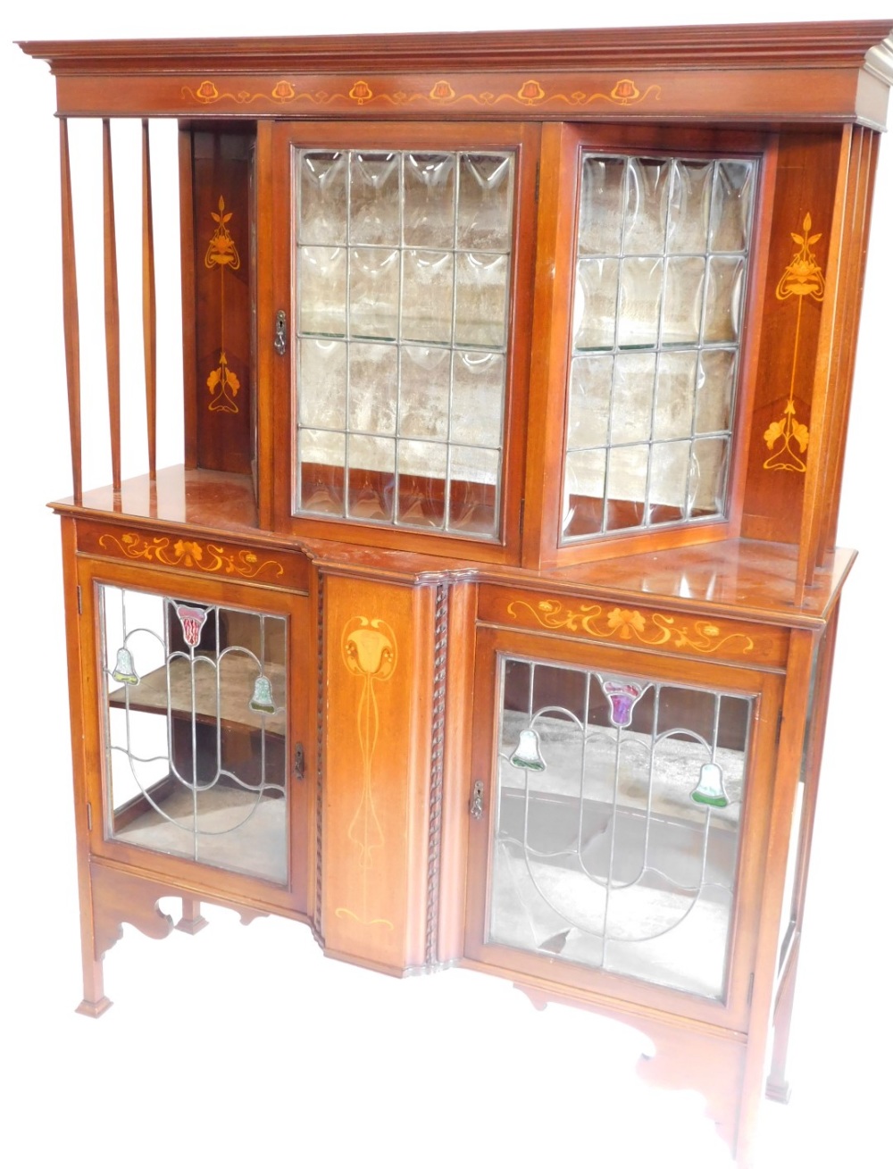 An Edwardian mahogany and marquetry display cabinet in the manner of Shapland & Petter, with a mould