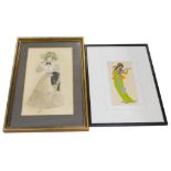 20thC School. Figure of a lady in flowing robes wearing bonnet, fashion watercolour, unsigned, 31cm