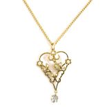An Edward VII heart shaped pendant, florally set with pearls and aquamarine, 4cm high, attached to a
