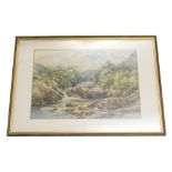 19thC English School. Calm stream before bridge and mountains on a summer's day, watercolour, unsig
