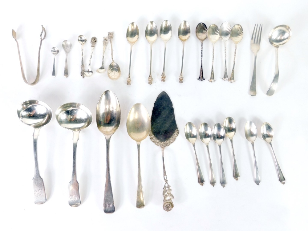 Various Georgian and later silver flatware, a ladle, fiddle pattern, 16cm long, another similar, Lin