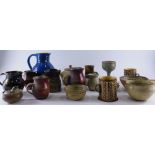 Various studio pottery and related effects, a jug with beak spout and plain handle in blue glazes, 2