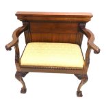 A George III style mahogany window seat, with scroll arms, inverted supports, scroll capped cabriole