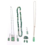 Various jade and jade coloured jewellery, a pendant 3cm high, attached to a slender link necklace, f