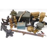 Various metalware, metal army tin, 25cm wide, clamps, weights, etc. (a quantity)