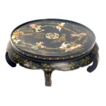 An oriental black lacquer coffee table, the top inlaid in coloured soapstone with figures, flowers,