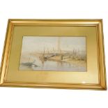 19thC School. Moored boats, watercolour, unsigned, S Bennett label verso, 19cm x 35cm.