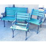 A three piece garden furniture suite, comprising small bench with metal ends and slatted back and se