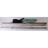 A two piece split cane Al Flectes fishing rod, 302cm long and a further fibre glass two piece fishin