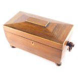 An early 19thC rosewood tea caddy, of sarcophagus form with ring handles, on compressed bun feet wit