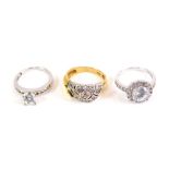 Three various dress rings, solitaire with white stone marked 925, size M, etc. (3)