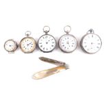 Various silver and other fob watches, one with a 3cm diameter Roman numeric dial, various others, si