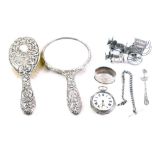 Various silver, two piece dressing table set, comprising hand mirror, 23cm wide, and hairbrush, whit