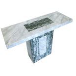 A marble console table, the rectangular pale grey top, with darker rectangular inset, on a rectangul