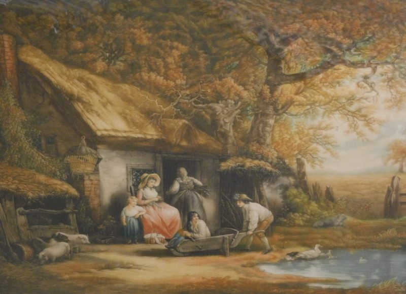 Clifford R. James. Figures in wheelbarrow and further figures and animals before cottage and trees,