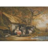 Clifford R. James. Figures in wheelbarrow and further figures and animals before cottage and trees,