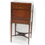 A 19thC mahogany and brass enclosed washstand, the double hinged top opening to reveal a recess for