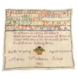 A Victorian alphabetic numeric and motto sampler, by Ruth Waring, aged 10 years, Morley Wesleyan Sch