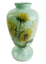 A Victorian mourning glass vase, handpainted with flowers, with dead leaf gentleman portrait to the