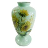 A Victorian mourning glass vase, handpainted with flowers, with dead leaf gentleman portrait to the