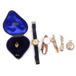 An Edwardian part pendant, with pearl surround, a 9ct gold cased wristwatch with Arabic dial, two un