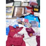 Various Aston Villa related items, shirt, Carabao Cup Final 2020 programme, various other shirts, on