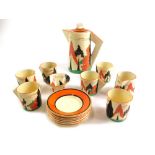 A 1930's Clarice Cliff Bizarre Orange Trees and House pattern coffee service, comprising coffee pot,