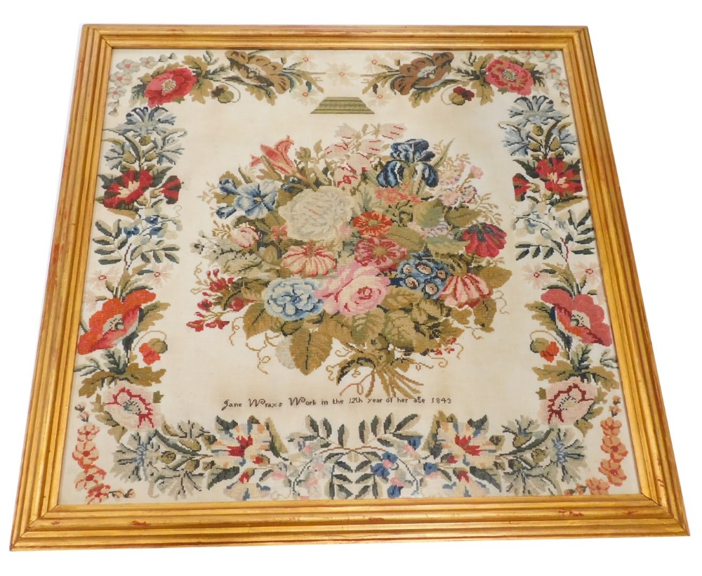 A Victorian pictorial sampler, by Jane Wray, aged 12, 1843, centred with a bouquet of flowers with a