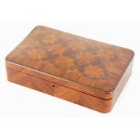 A 19thC French kingwood and parquetry inlaid card box, set with a snowflake inlay to the lid, 21cm w