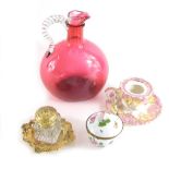 Porcelain and glassware, comprising a cranberry and clear glass ewer, glass inkwell, a Dresden porce