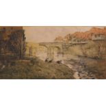 •Osterliveid (20thC). Figures aside watermill with stream and bridge, print, signed, 29cm x58cm.