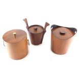 Various retro Japanese treen pails, cylindrical ice bucket with brass handles, 18cm high, etc. (3)