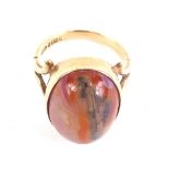 A 9ct gold dress ring, set with oval red agate stone, size N, 6.1g all in.