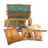 Various treen related effects, an Eastern tray partially hand painted, 42cm wide, another smaller, c
