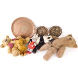 Various plush jointed and other teddy bears, Eastern copper dish, 34cm wide, heavily decorated with