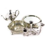 Various silver plated ware, an early 20thC cake stand with mirrored top, on scroll feet, 30cm wide,