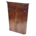 A George III hanging corner cabinet, with a moulded cornice above two panelled doors, each with elab