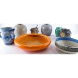 Various studio pottery and effects, bowls, etc., orange glazed studio pattern bowl, vase of globular