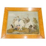 A 19thC birds eye maple frame, 74cm x 76cm, set with a Highland scene tapestry.