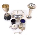 Various silver, a George V silver trophy, egg shaped bowl on inverted stem and ebonised foot, dated