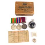 Various WWII medals, military button, etc., a Good Conduct medal with Regular Army clasp, WWII Campa
