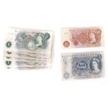 Various banknotes, five pound note, B57710009, pound notes, various ten shilling notes, etc. (a quan