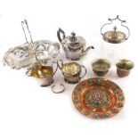 Various silver plated ware, glassware, etc., an early 20thC glass biscuit barrel with silver plated