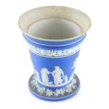 A Wedgwood dark blue Jasperware tapering vase, decorated with classical figures, with an upper flora