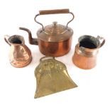 Various copper and brass, a harvest jug, 19cm high, a further jug, large kettle and a crumb scoop. (