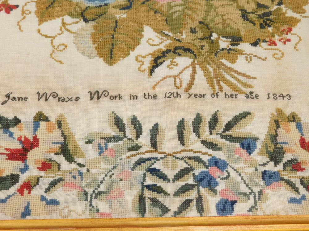 A Victorian pictorial sampler, by Jane Wray, aged 12, 1843, centred with a bouquet of flowers with a - Image 2 of 2